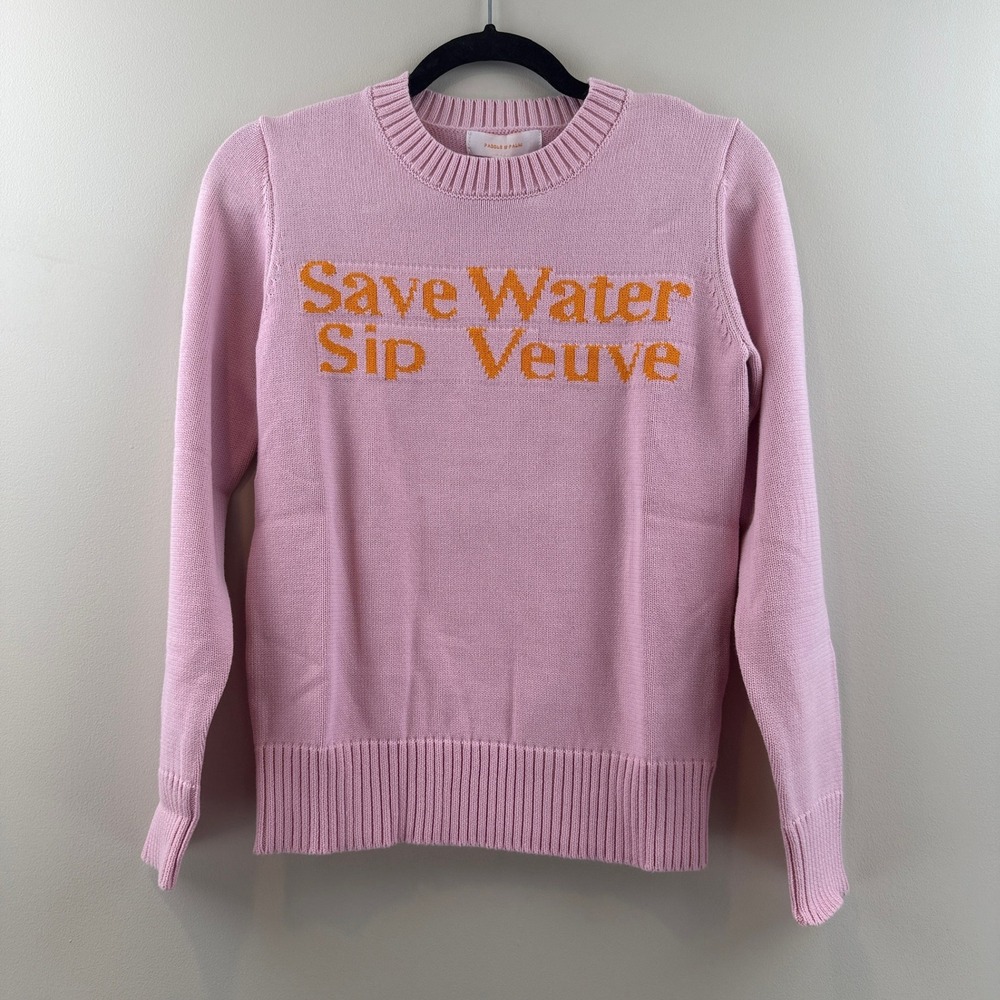 Paddle & Palm Sweater Women XS Preppy Save Water Sip Veuve Graphic Pink Knit